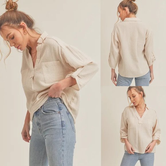Lush Tops - Winona Woven Crinkle V Neck